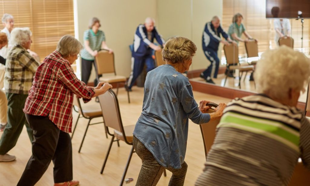 Residents participate in fitness class